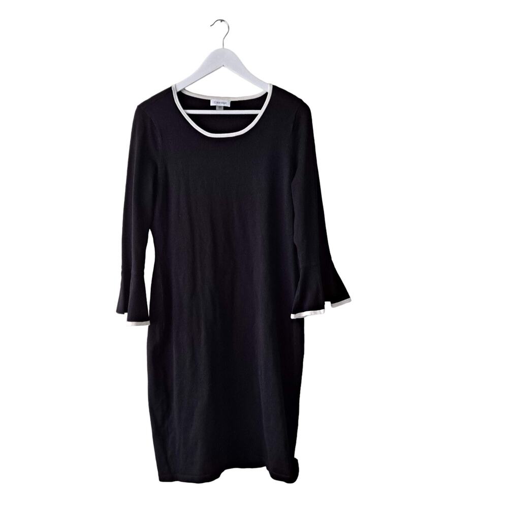 Calvin Klein Sweater Dress Bell Sleeve Knee Length Black with White Trim Size L